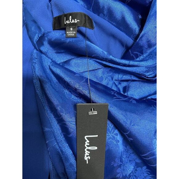 Lulus Royal Blue Satin Floral Jacquard Midi Wrap Dress NWT Small - Picture 14 of 15